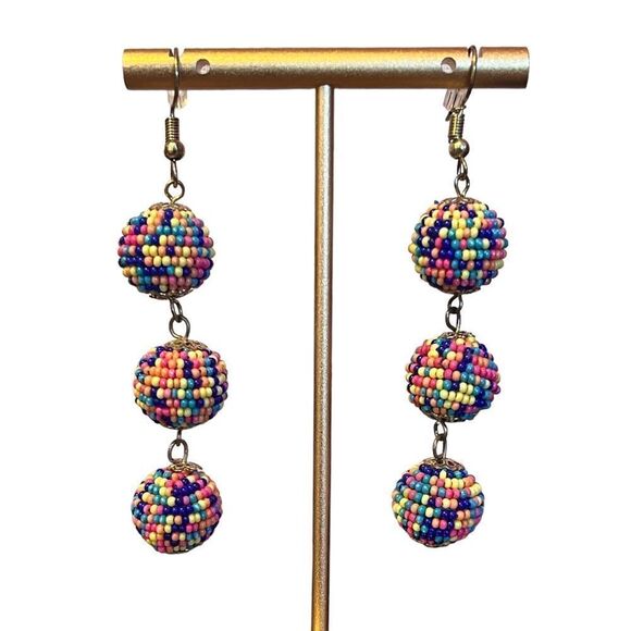 NEW Multicolor Beaded Balls Dangle Earrings - Picture 1 of 4